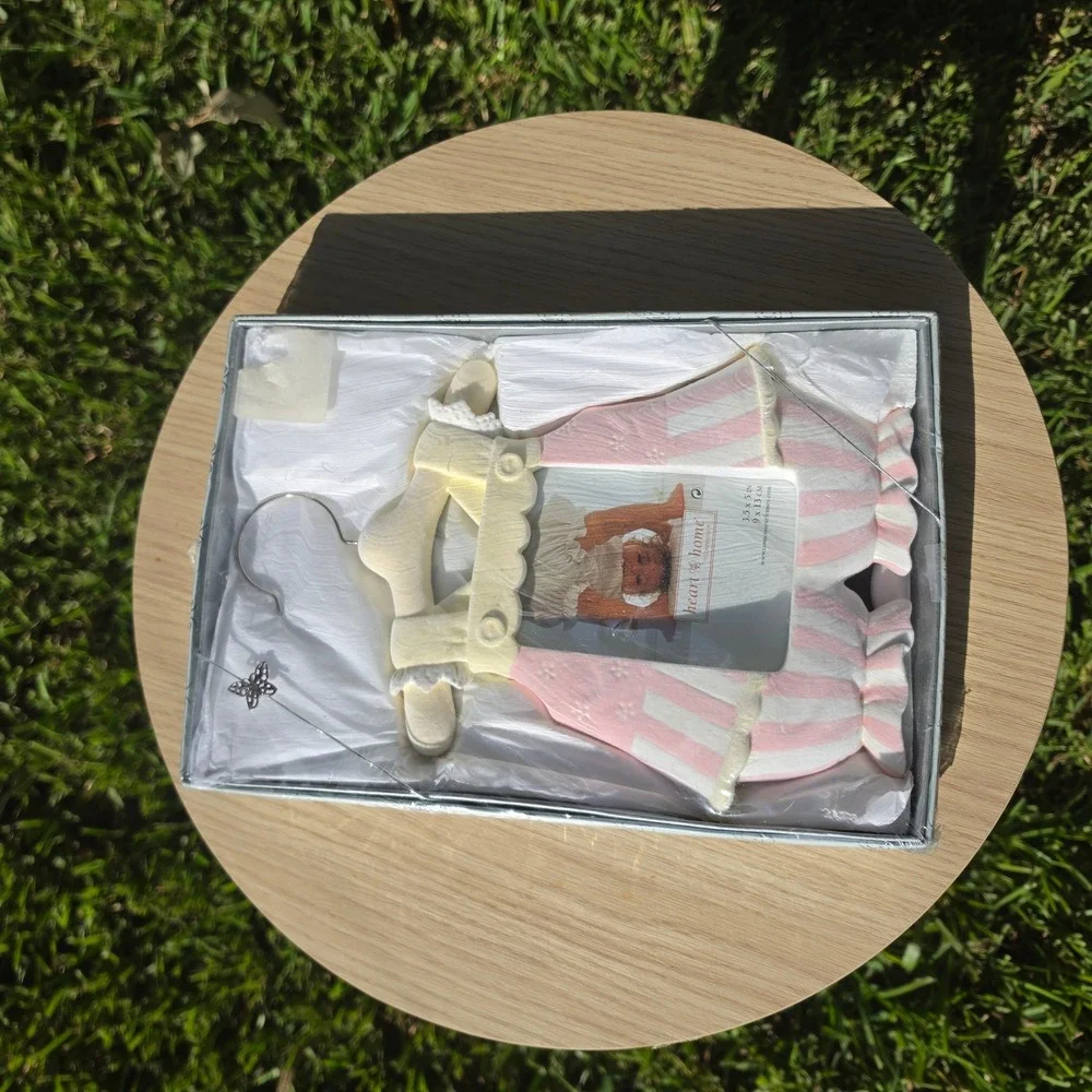 Heart & Home Baby Picture Frame Pink Striped Romper Hanger Nursery Decor NIB